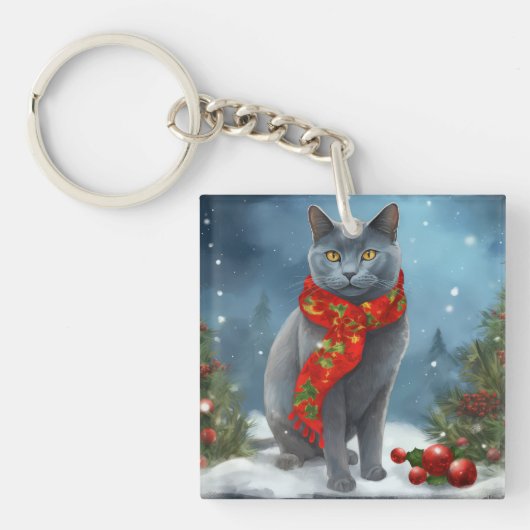 雪のロシアのクリスマスに青い猫 キーホルダー (正面)
