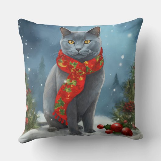 雪のロシアのクリスマスに青い猫 クッション (裏面)