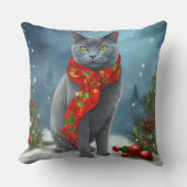 雪のロシアのクリスマスに青い猫 クッション (正面)
