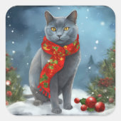 雪のロシアのクリスマスに青い猫 スクエアシール (正面)