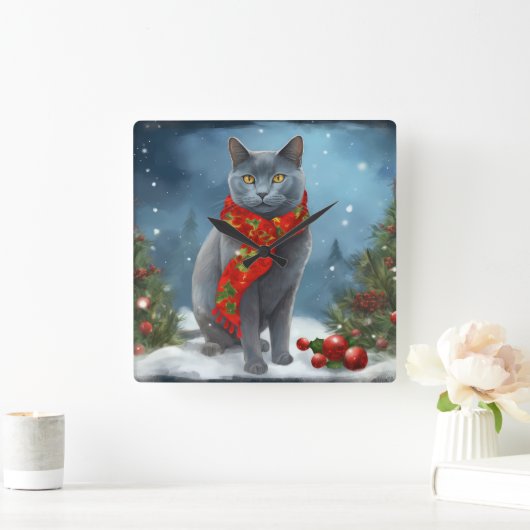 雪のロシアのクリスマスに青い猫 スクエア壁時計 (ホーム)