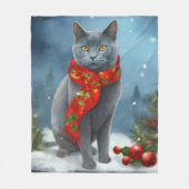 雪のロシアのクリスマスに青い猫 フリースブランケット (正面)