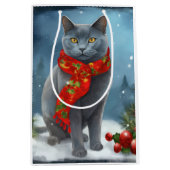 雪のロシアのクリスマスに青い猫 ミディアムペーパーバッグ (正面)