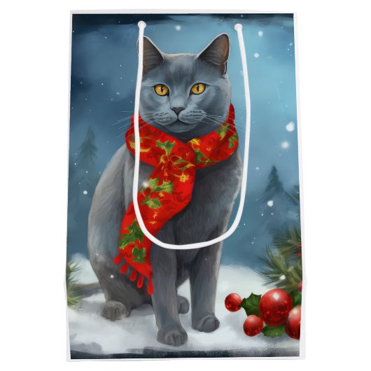 雪のロシアのクリスマスに青い猫 ミディアムペーパーバッグ (裏面)