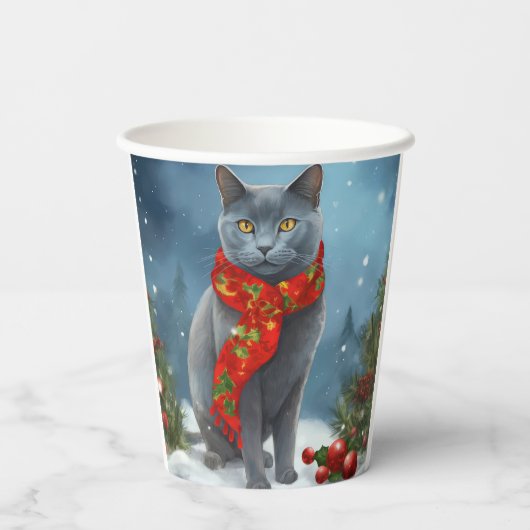 雪のロシアのクリスマスに青い猫 紙コップ (裏面)