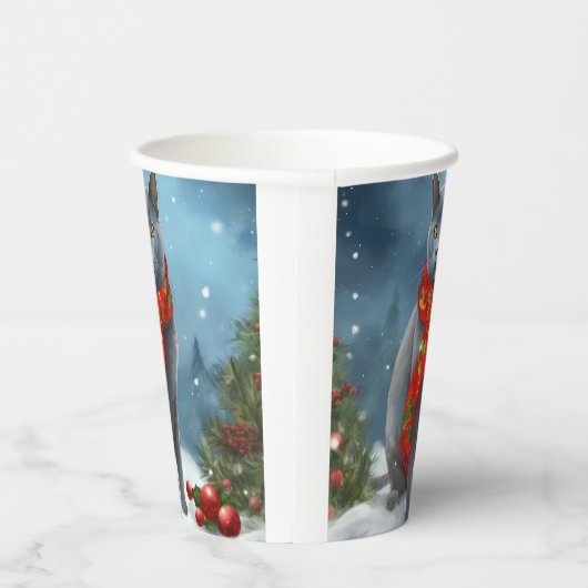 雪のロシアのクリスマスに青い猫 紙コップ (右)