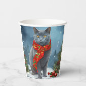 雪のロシアのクリスマスに青い猫 紙コップ (正面)