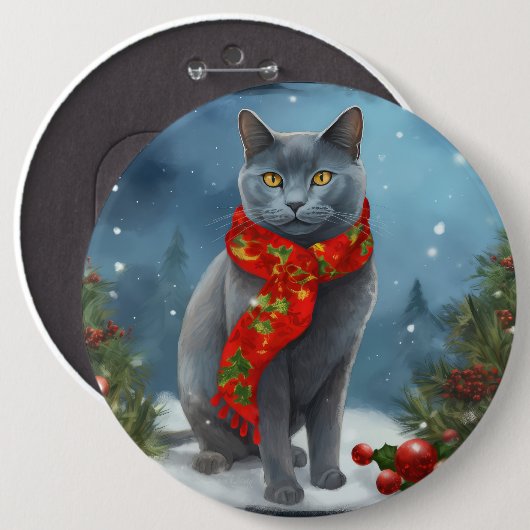雪のロシアのクリスマスに青い猫 缶バッジ (正面&裏面)