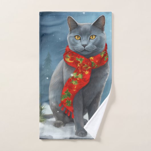 雪のロシアンブルーの猫 クリスマス バスタオルセット (ハンドタオル)
