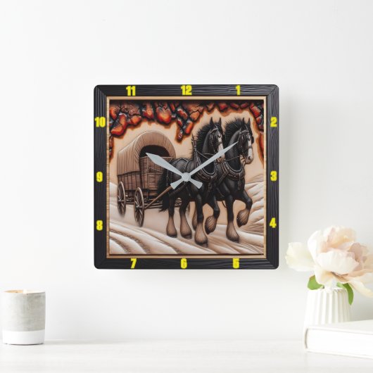 雪のワゴンパーソナライズされた：チャールド・ウッド・クレイデール スクエア壁時計 (ホーム)