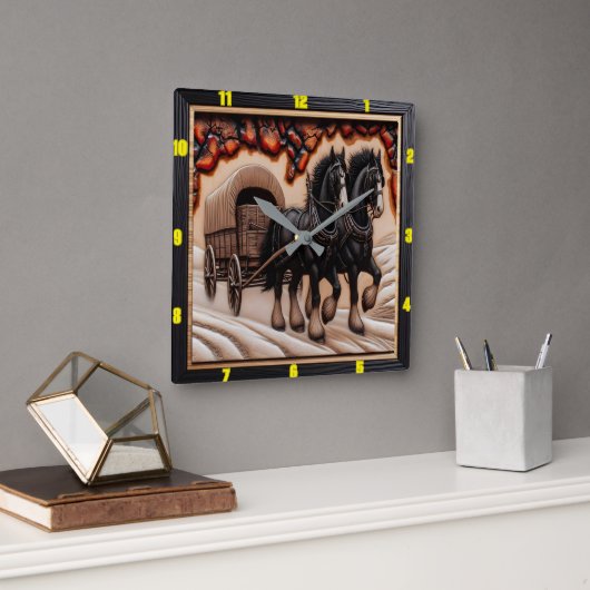 雪のワゴンパーソナライズされた：チャールド・ウッド・クレイデール スクエア壁時計 (オフィス)