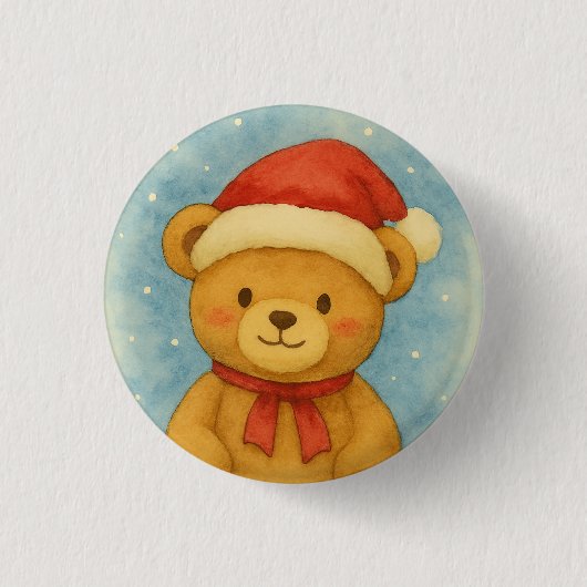 雪のワンダーランドのクリスマステディベア 缶バッジ (正面)