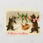 雪のヴィンテージのクリスマスで遊んでいる猫 シーズンポストカード (正面/裏面)