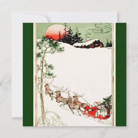 雪のヴィンテージのサンタのそりそしてトナカイ 招待状 (正面)