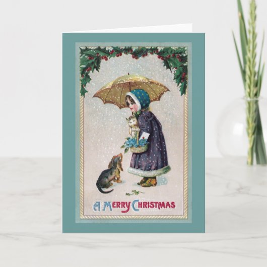 雪のヴィンテージの傘の下の女の子、猫及び犬 シーズンカード (正面)