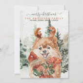 雪のヴィンテージ水色ポメラニア犬クリスマスツリー シーズンカード (正面)