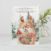 雪のヴィンテージ水色ポメラニア犬クリスマスツリー シーズンカード (スタンド正面)