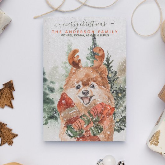 雪のヴィンテージ水色ポメラニア犬クリスマスツリー シーズンカード