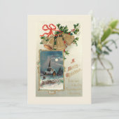 雪のヴィンテージ素朴クリスマスベルと教会 シーズンカード (スタンド正面)