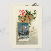 雪のヴィンテージ素朴クリスマスベルと教会 シーズンカード (正面/裏面)