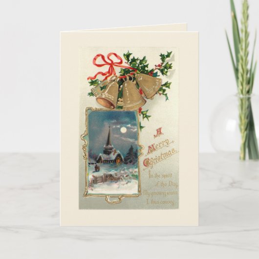雪のヴィンテージ素朴クリスマスベルと教会 シーズンカード (正面)