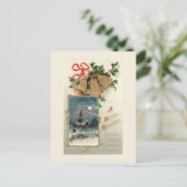 雪のヴィンテージ素朴クリスマスベルと教会 ポストカード (スタンド正面)