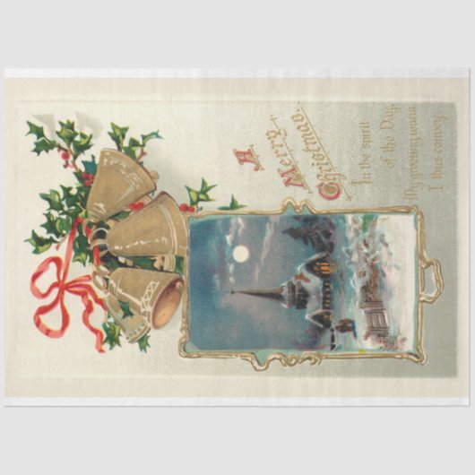 雪のヴィンテージ素朴クリスマスベルと教会 薄葉紙 (正面)