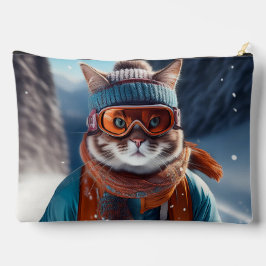 雪の上での猫スキー アクセサリーポーチ