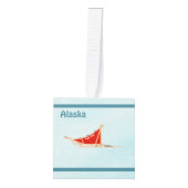 雪の上で犬ぞり – アラスカ キューブオーナメント (正面)