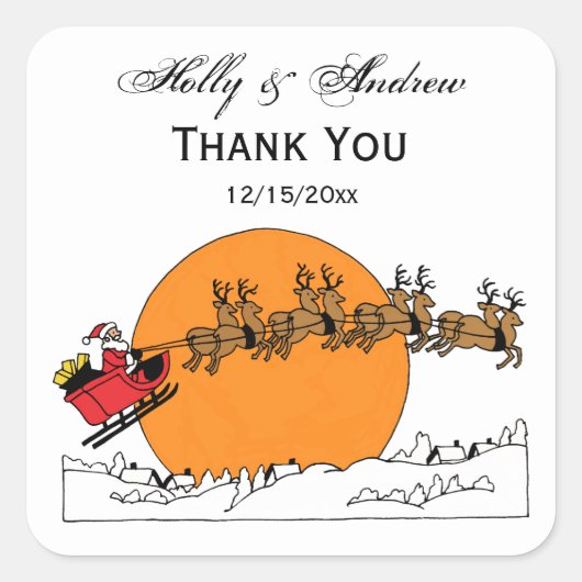 雪の上にサンタのトナカイの町の月を覆った スクエアシール (正面)