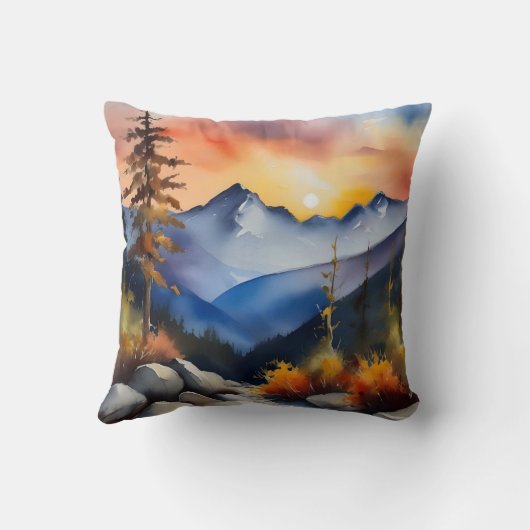 雪の上に日の出の水の色は山を覆った クッション (裏面)