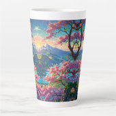 雪の上に日没の山と開花 カフェラテマグ (正面)