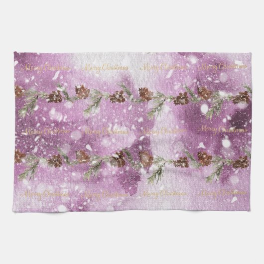 雪の上に松の実があるモミの枝 キッチンタオル (横)