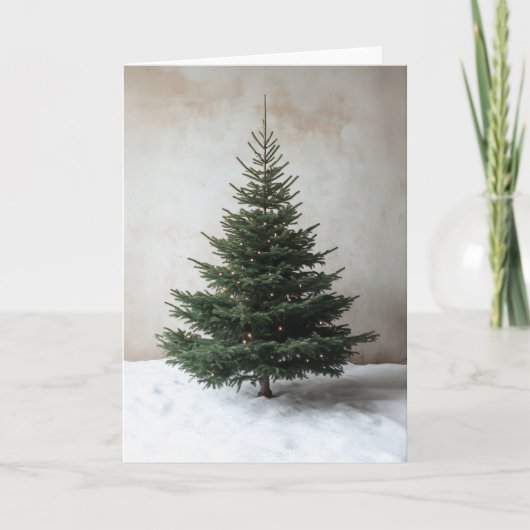 雪の上に柔らかい光を持つミニマルなクリスマスツリー 招待状 (正面)