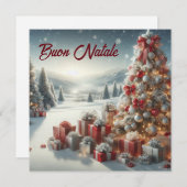 雪の上に贈り物を持つクリスマスツリーBuon Natale シーズンカード (正面/裏面)