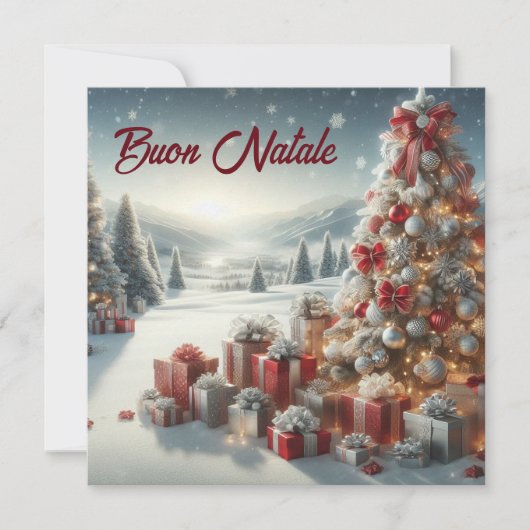 雪の上に贈り物を持つクリスマスツリーBuon Natale シーズンカード (正面)