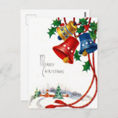 雪の上のクリスマスベルと村の教会ヴィンテージ ポストカード (正面/裏面)