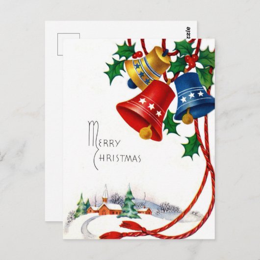 雪の上のクリスマスベルと村の教会ヴィンテージ ポストカード (正面/裏面)