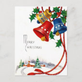 雪の上のクリスマスベルと村の教会ヴィンテージ ポストカード (正面)