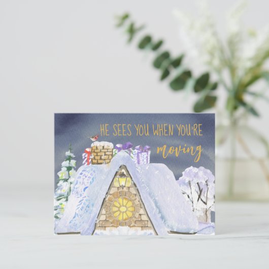 雪の上のサンタの足跡クリスマスの移動 シーズンポストカード (スタンド正面)