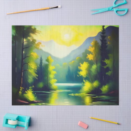 雪の上の日の出は山や湖を覆った 薄葉紙 (クラフト)