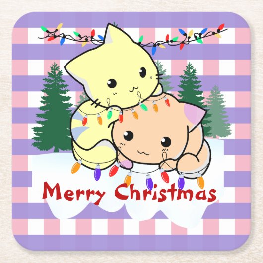 雪の上の猫のクリスマスパーソナライズされた、名前 スクエアペーパーコースター (正面)