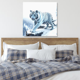 雪の上の白い虎の崖のストレッチされたキャンバス印刷 キャンバスプリント