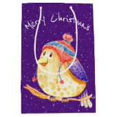 雪の上の紫のクリスマスバード ミディアムペーパーバッグ (正面)