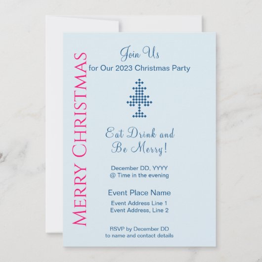 雪の上の青いクリスマスツリーのクリスマスパーティー 招待状 (裏面)