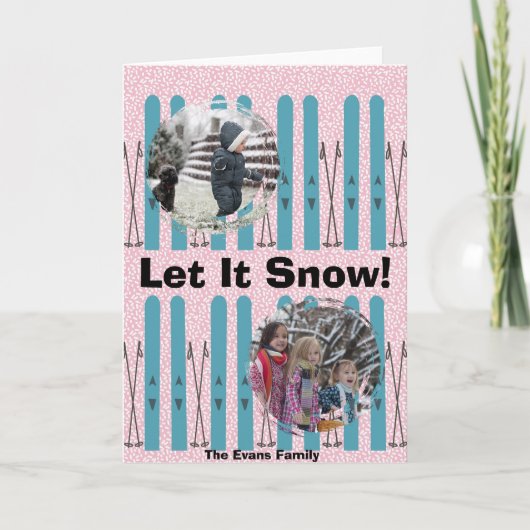 雪の上の青いスキー カード (正面)