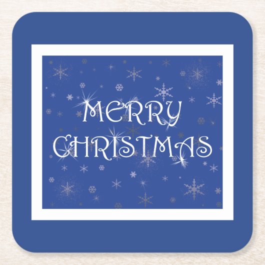 雪の上の青のメリークリスマス スクエアペーパーコースター (正面)