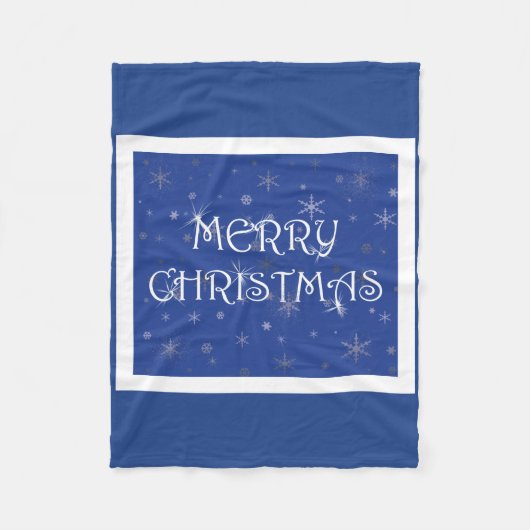 雪の上の青のメリークリスマス フリースブランケット (正面)