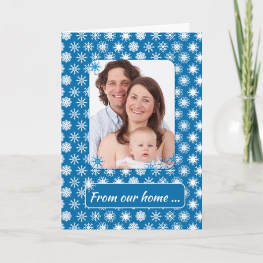 雪の上の青、フォトホリデーから私たちの家 カード (正面)