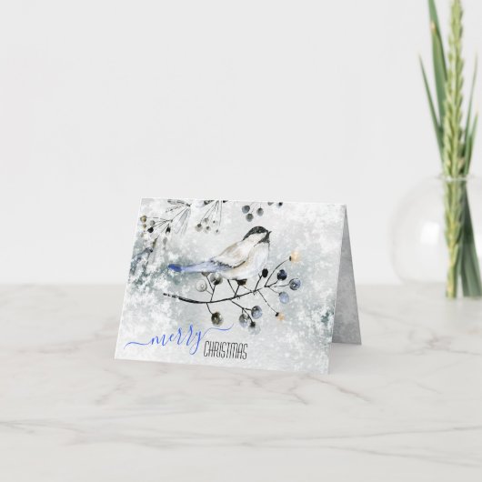 雪の上の鳥の木の上に果実と陽気なクリスマス シーズンカード (正面)